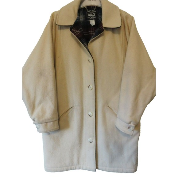 Vintage The Woolrich Woman Sz Small Off White/Ivory Wool Button Front Car Coat - Picture 1 of 7